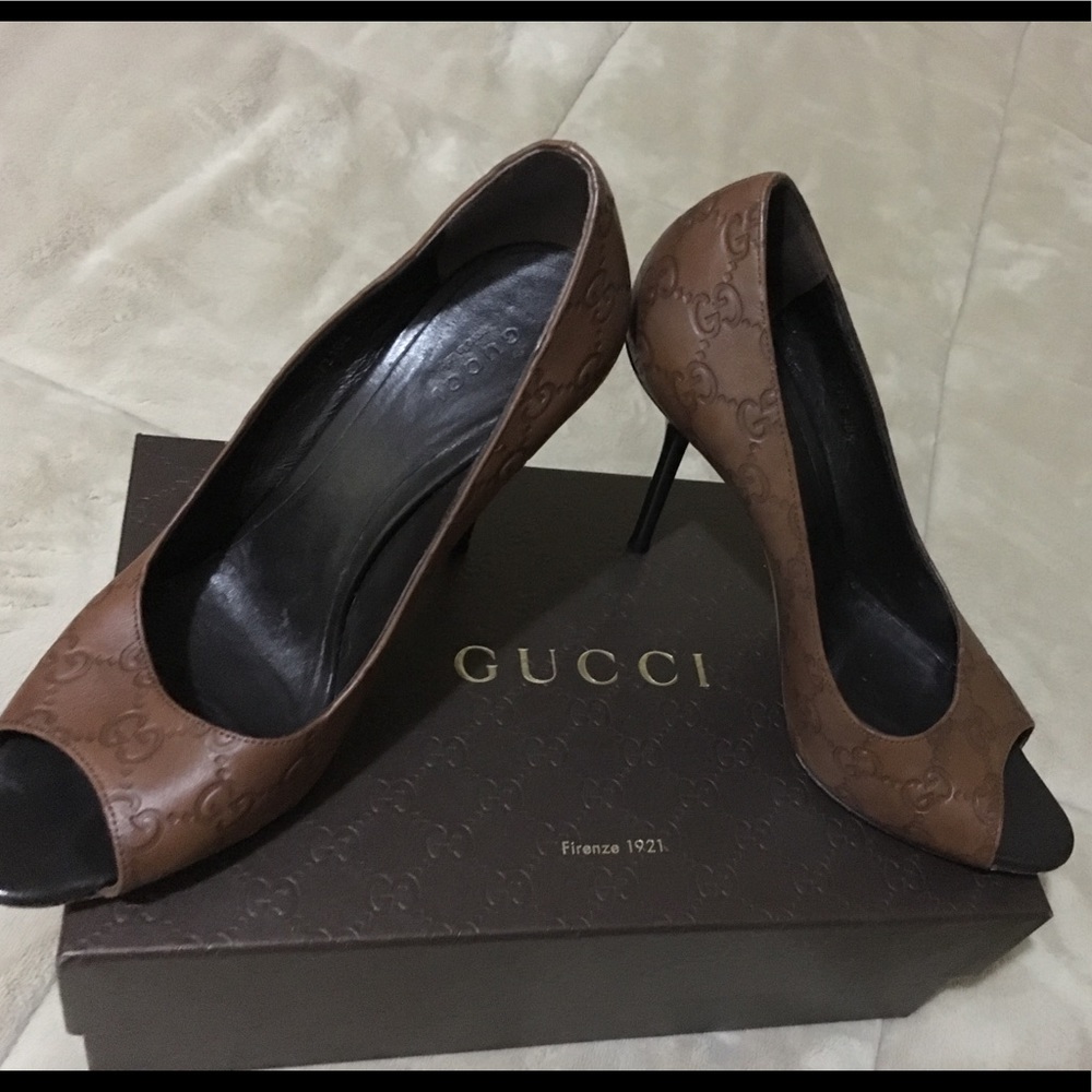 Brown Light Guccissima Leather Peep-toe Pumps - Picture 2 of 6